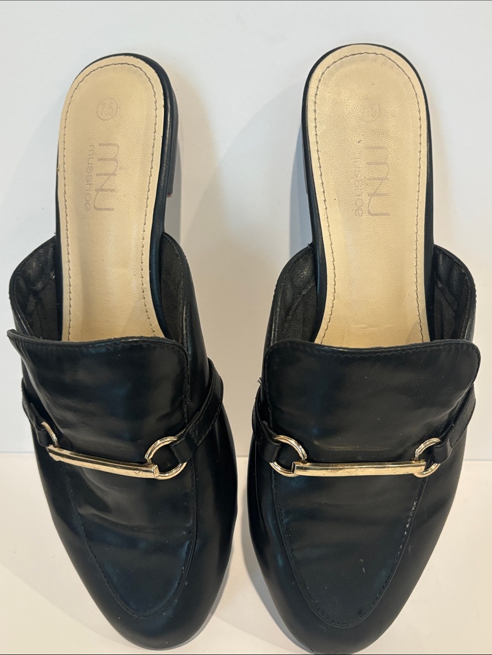 MUSSHOE Black Horsebit Slip-On Mule Flats - Size 7.5